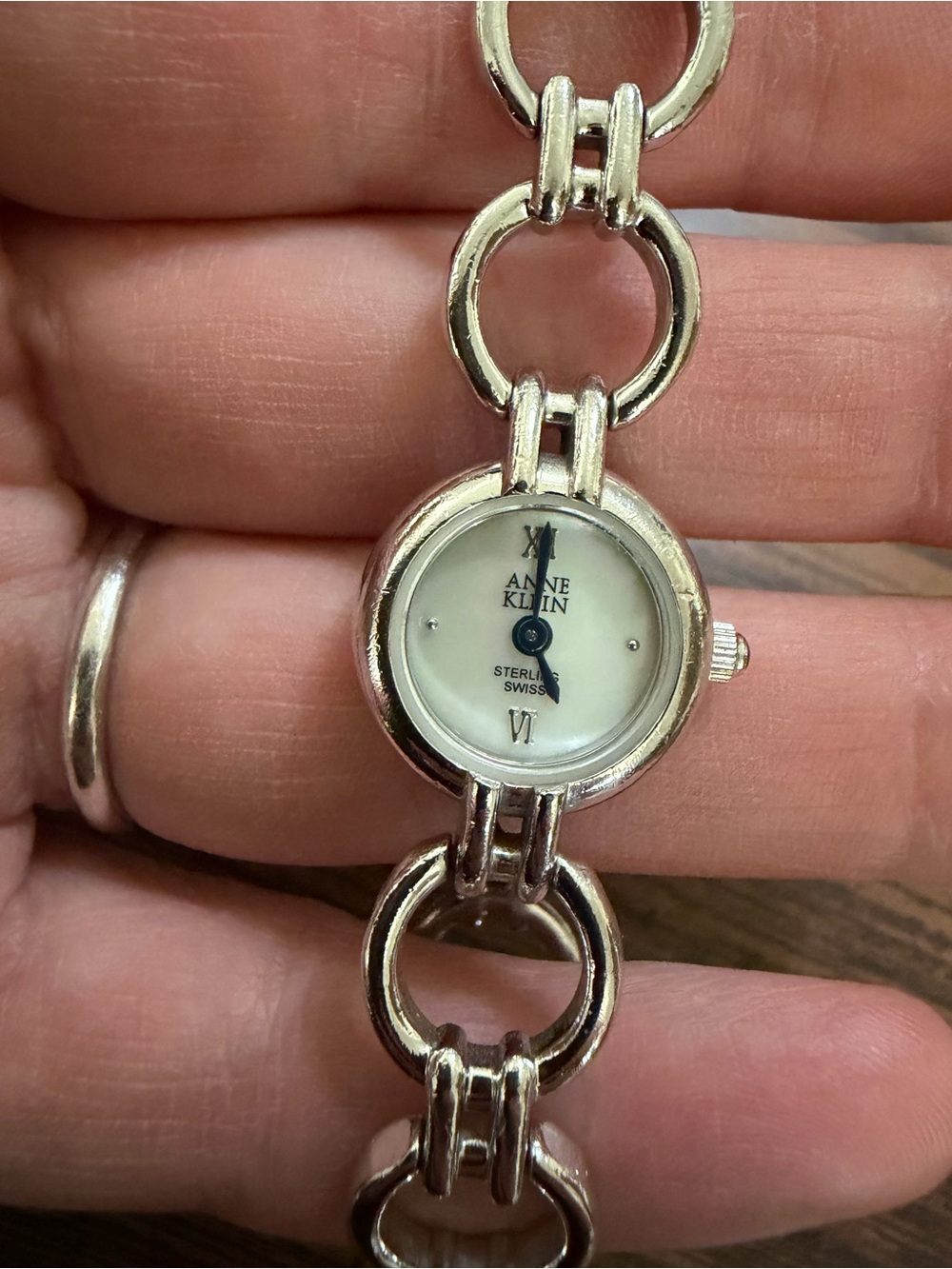 Anne Klein Silver-Tone Ring Link Bracelet Watch with White Dial